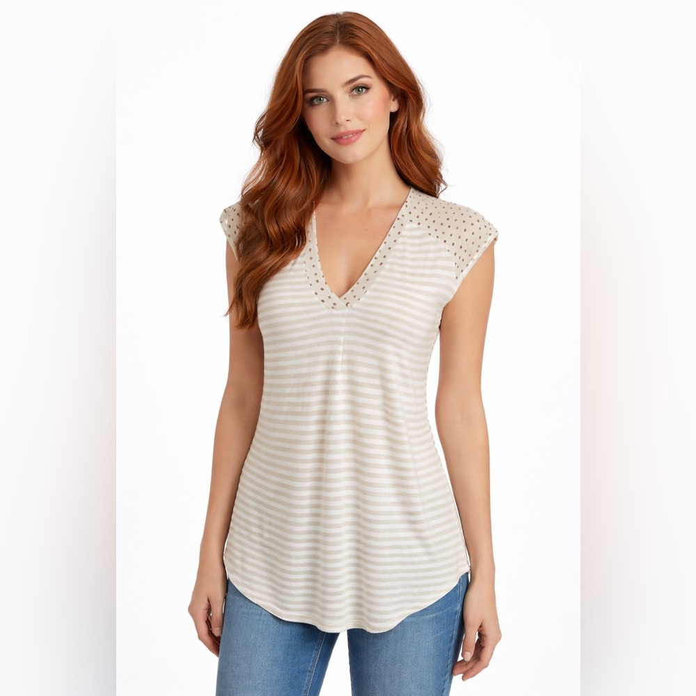 Anthropologie Little Yellow Button Striped V Neck Top Polka Dot Blouse